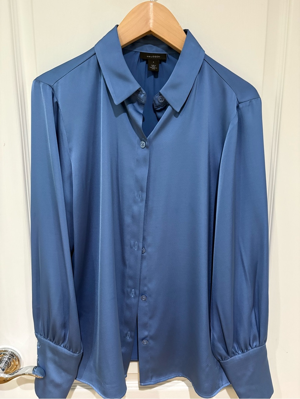 Halogen Satin Button-Up Shirt in Dusty Blue